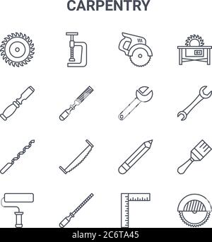 ensemble de 16 icônes de ligne vectorielle de concept de menuiserie. icônes à course mince 64x64 telles que pince, burin, clé, crayon, râpe, scie à onglet, carré d'essai, clé, sa Illustration de Vecteur