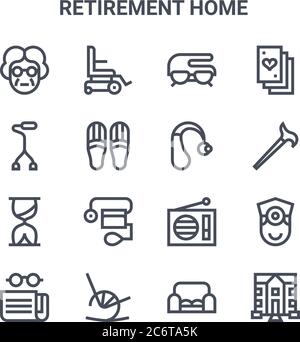 set of 16 retirement home concept vector line icons. 64x64 thin stroke icons such as wheel chair, walking stick, cane, radio, rocking chair, retiremen Illustration de Vecteur