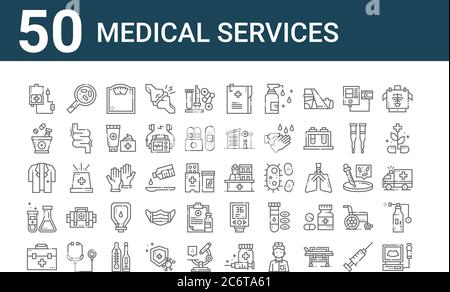 ensemble de 50 icônes de services médicaux. contour des icônes fines telles que l'électrocardiogramme, la trousse de premiers soins, la recherche, le pelage du médecin, le traitement à base de plantes, les bactéries, Illustration de Vecteur