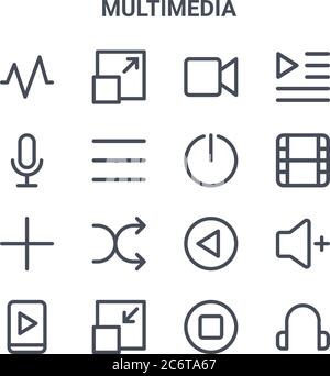 jeu de 16 icônes de ligne de vecteur de concept multimédia. icônes à contour fin 64 x 64, telles que plein écran, enregistrement, vidéo, arrière, réduire, écouteurs, arrêter, éteindre, Illustration de Vecteur