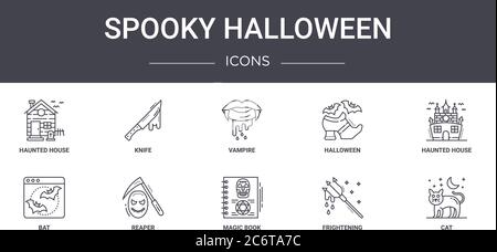ensemble d'icônes de la ligne de concept d'halloween effrayante. contient des icônes utilisables pour le web, le logo, l'interface utilisateur/ux tels que couteau, halloween, bat, livre magique, effrayant, chat, hanter Illustration de Vecteur