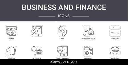ensemble d'icônes de ligne de concept d'affaires et de finances. contient des icônes utilisables pour le web, le logo, l'interface utilisateur/ux tels que , prêt hypothécaire, support, banque mobile, paiement, dans Illustration de Vecteur
