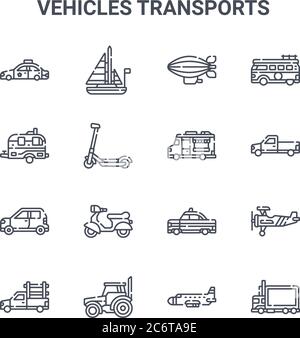 ensemble de 16 icônes de lignes vectorielles de transport de véhicules. icônes de course mince 64x64 telles que voilier, campervan, pick up truck, taxi, tracteur, livraison t Illustration de Vecteur