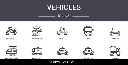 ensemble d'icônes de ligne de concept de véhicules. contient des icônes utilisables pour le web, le logo, ui/ux tels que hélicoptère, bus, train électrique, taxi, voiture de police, scie à raque, scoote Illustration de Vecteur