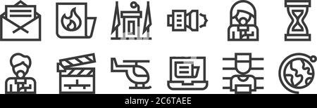 12 ensemble d'icônes linéaires d'actualités. icônes de contour mince comme le monde entier, ordinateur portable, clapperboard, reporter, tribune, chaud pour le web, mobile Illustration de Vecteur