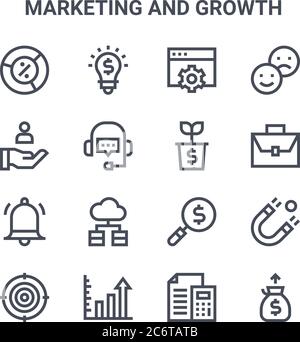 ensemble de 16 icônes de ligne vectorielle de concept de marketing et de croissance. icônes 64x64 à trait fin telles que idée, client, valise, recherche, profits, sac d'argent, budget Illustration de Vecteur