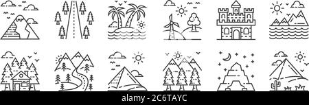 12 ensembles d'icônes linéaires de nature et de paysage. icônes de contour mince telles que le désert, les arbres, la voie, le château, tropical, route pour le web, mobile Illustration de Vecteur