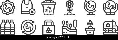 12 ensembles d'icônes linéaires de jour de la terre mère. icônes de contour mince telles que camion de recyclage, arbre, recyclage, géographie, corbeille, pas de sacs en plastique pour la toile, m Illustration de Vecteur