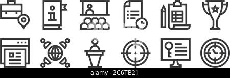 12 ensemble d'icônes de reprise de travaux linéaires. icônes de contour mince telles que la gestion du temps, la concentration, les affaires internationales, la planification, le séminaire, le manuel pour le web, mobil Illustration de Vecteur