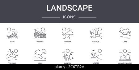 ensemble d'icônes de ligne de concept de paysage. contient des icônes utilisables pour le web, le logo, ui/ux tels que village, cactus, volcan, canyon, désert, grand canyon, lac, tun Illustration de Vecteur