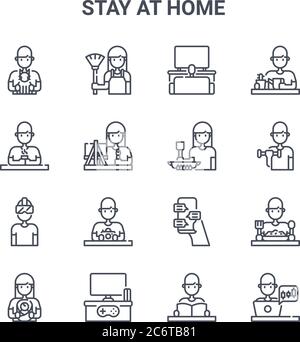 ensemble de 16 icônes de lignes vectorielles de concept stay at home. icônes 64x64 à trait fin telles que balai, boire, exercice, chat, joystick, trading, livre de lecture Illustration de Vecteur