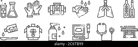 12 icônes linéaires de services médicaux. icônes de contour mince telles que brancard médical, électrocardiogramme, rayons x, poumons, sac de premiers soins, gants en caoutchouc Illustration de Vecteur