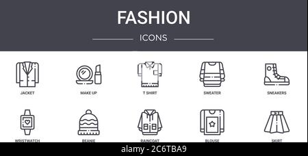 ensemble de jeux d'icônes de mode. contient des icônes utilisables pour le web, le logo, l'interface utilisateur/ux, comme le maquillage, le chandail, la montre-bracelet, le imperméable, le chemisier, la jupe, les baskets, le t Illustration de Vecteur