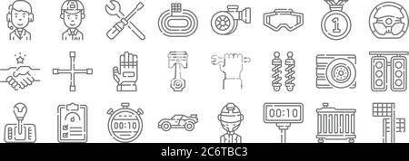 icônes de ligne de course automatique. réglage linéaire. jeu de lignes de vecteur de qualité telles que drapeau de fin, minuterie, voiture de course, changement de vitesse, pneu, gants, volant, turbo, méc Illustration de Vecteur