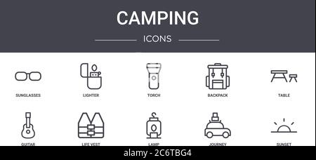 jeu d'icônes de ligne de concept de camping. contient des icônes utilisables pour le web, le logo, ui/ux comme briquet, sac à dos, guitare, lampe, voyage, coucher de soleil, table, torche Illustration de Vecteur