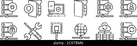 12 ensemble d'icônes de base de données et de serveurs linéaires. icônes de contour mince telles que sync, réseau, maintenance, données, accessibilité, protégé pour le web, mobile Illustration de Vecteur