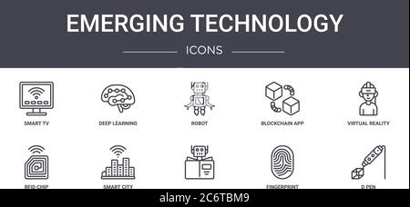 jeu d'icônes de la ligne de concept de technologie émergente. contient des icônes utilisables pour le web, le logo, l'interface utilisateur/ux, comme l'apprentissage en profondeur, l'application blockchain, la puce rfid, , l'empreinte digitale Illustration de Vecteur