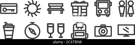 12 ensembles d'icônes linéaires de vacances. icônes minces de contour comme moniteur, sac à dos, boussole, bus, banc, soleil pour le web, mobile Illustration de Vecteur