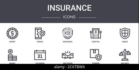 ensemble d'icônes de ligne de concept d'assurance. contient des icônes utilisables pour le web, le logo, l'interface utilisateur/ux tels que mobile, hôpital, argent, accident de voiture, messagerie, équilibre, bouclier, ins Illustration de Vecteur