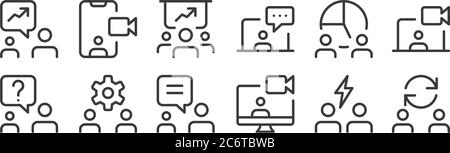 12 icônes linéaires pour le bureau et les réunions. icônes de contour mince telles que réinitialisation, caméra vidéo, réglage, homme d'affaires, présentation d'entreprise, étalonnage vidéo Illustration de Vecteur