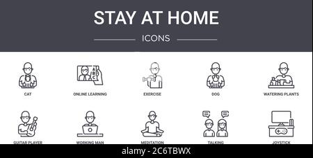 ensemble d'icônes de la ligne de concept stay at home. contient des icônes utilisables pour le web, le logo, l'interface utilisateur/ux tels que l'apprentissage en ligne, le chien, le joueur de guitare, la méditation, la conversation, les joies Illustration de Vecteur