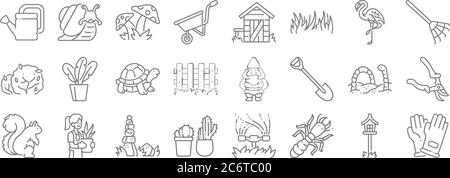 icônes de ligne de jardinage. set linéaire. ensemble de ligne de vecteur de qualité comme gant de main, termite, cactus, écureuil, ver de terre, tortue, rake, hangar, escargot Illustration de Vecteur