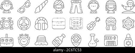 icônes de ligne reggae. set linéaire. ensemble de ligne de vecteur de qualité tel que weed, bong, bière, synthétiseur, rasta, casque, hamac, cloche, lunettes de soleil Illustration de Vecteur