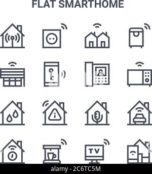 jeu de 16 icônes de lignes vectorielles de concept smarthome plates. icônes 64x64 à course fine telles que plug-in, smart rideau, micro-ondes, microphone, cafetière, maison Illustration de Vecteur