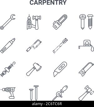 ensemble de 16 icônes de ligne vectorielle de concept de menuiserie. icônes à course mince 64x64 telles que les outils, le marqueur, le ruban de mesure, le couteau, les clous, le marteau, la perceuse à main, l'outil, Illustration de Vecteur