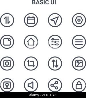 ensemble de 16 icônes de ligne vectorielle de concept d'interface utilisateur de base. icônes à traits fins 64 x 64, telles que calendrier, notification, menu, échange, volume, verrouillage, partage, réglage, définir Illustration de Vecteur