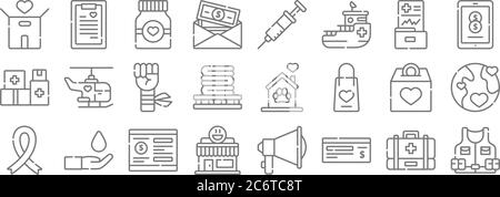 icônes de la ligne de charité. set linéaire. ensemble de lignes vectorielles de qualité telles que gilet, chèque, salle de déjeuner, organisme de bienfaisance, caisse de monnaie, poing, transfert, vaccin, organisme de bienfaisance Illustration de Vecteur