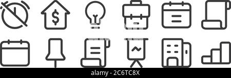 12 ensemble d'icônes d'affaires linéaires. icônes de contour mince telles que les escaliers, la présentation, le pin, le calendrier, l'idée, la société pour le web, mobile Illustration de Vecteur
