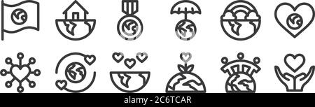 12 icônes d'amour du monde linéaire. icônes aux contours fins telles que l'amour, le monde, le monde, l'arc-en-ciel, la médaille, la maison pour le web, mobile Illustration de Vecteur