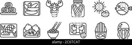 12 ensembles d'icônes linéaires de fruits de mer. icônes de contour mince comme méduse, griffe, poisson à la vapeur, oursin de mer, homard, kazunoko pour le web, mobile Illustration de Vecteur