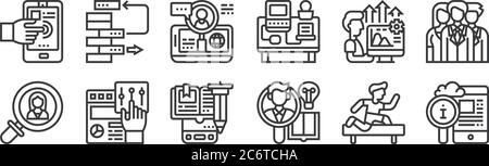 12 icônes de transformation numérique linéaire. icônes de contour mince telles que la gestion de l'information, la recherche de talents, l'interface utilisateur, les performances, l'embauche, Illustration de Vecteur