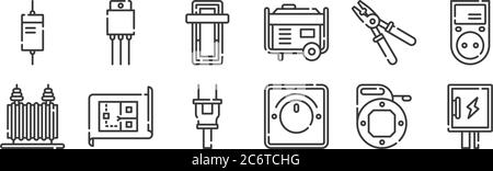 12 jeu d'outils et d'icônes d'éléments électriques linéaires. icônes de contour mince telles que boîte à fusibles, variateur, fil, pince à dénuder, alimentation, câble pour toile, mobile Illustration de Vecteur