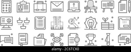 icônes de ligne de métier. set linéaire. ensemble de ligne de vecteur de qualité tel que diplôme, tasse, vision, chat, investir, presse-papiers, document, ordinateur portable, carte d'identité Illustration de Vecteur