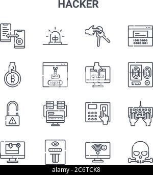 ensemble de 16 icônes de ligne vectorielle de concept de pirate. icônes à trait fin 64 x 64, telles que alarme, bitcoin, analyse d'empreintes digitales, accès, vol de données, crâne, wi-fi, passwor Illustration de Vecteur