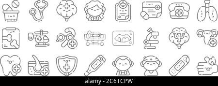 icônes de ligne de services médicaux. set linéaire. ensemble de lignes de vecteur de qualité telles que brûlures, infirmières, thermomètres, soins dentaires, psychologie, gériatrie, poumons, médical Illustration de Vecteur