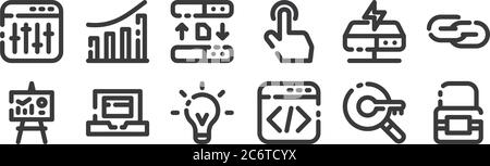12 ensemble d'icônes de marketing de seo linéaire. icônes de contour mince telles que verrou, langage de programmation, ordinateur portable, serveur, serveur, graphique pour le web, mobile Illustration de Vecteur