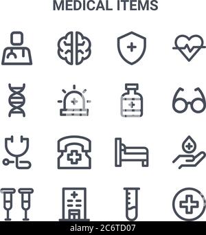 ensemble de 16 icônes de ligne vectorielle de concept d'articles médicaux. icônes de traits fins 64x64 telles que cerveau, adn, lunettes, chambre à coucher, hôpital, santé, chimie, fond Illustration de Vecteur