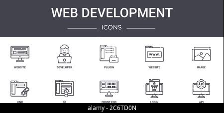 ensemble d'icônes de ligne de concept de développement web. contient des icônes utilisables pour le web, le logo, l'interface utilisateur/ux, comme le développeur, le site web, le lien, le frontal, la connexion, l'api, l'image, le plu Illustration de Vecteur