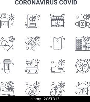 ensemble de 16 icônes de vecteur de concept covid de coronavirus. icônes de traits fins 64x64 telles que les actualités, les battements cardiaques, coronavirus, sale, infecté, quarantaine, in Illustration de Vecteur