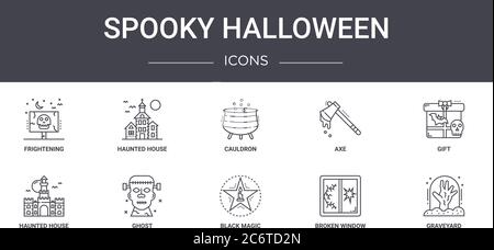 ensemble d'icônes de la ligne de concept d'halloween effrayante. contient des icônes utilisables pour le web, le logo, l'interface utilisateur/ux tels que la maison hantée, hache, maison hantée, magie noire, victoire cassée Illustration de Vecteur