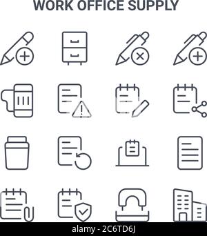 jeu de 16 icônes de lignes vectorielles de concept de fournitures de bureau de travail. icônes 64x64 à contour fin telles que tiroir de cabinet, mug, partager, ordinateur portable, sécurisé, professionnel et commercial Illustration de Vecteur