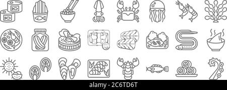 icônes de la ligne de fruits de mer. set linéaire. ensemble de lignes vectorielles de qualité telles que tentacules, poisson-chat, sashimi, oursin, pêcheur à la ligne, huître, algue, crabe, poisson frit Illustration de Vecteur