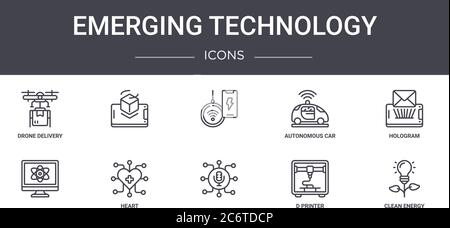 jeu d'icônes de ligne de concept de technologie émergente. contient des icônes utilisables pour le web, le logo, l'interface utilisateur/ux tels que , voiture autonome, imprimante d, énergie propre, Illustration de Vecteur
