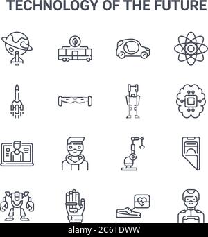 ensemble de 16 technologies de l'avenir concept de lignes vectorielles icônes. icônes 64x64 à course mince telles que bus électrique, fusée, intelligence artificielle, grue, gl Illustration de Vecteur