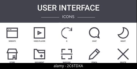 jeu d'icônes de ligne de concept d'interface utilisateur. contient des icônes utilisables pour le web, le logo, l'interface utilisateur/ux tels que le lecteur vidéo, le chat, le magasin, le code à barres, le crayon, la suppression, la nuit, o Illustration de Vecteur