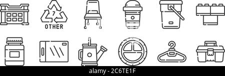 12 ensemble d'icônes de produits en plastique linéaires. icônes de contour mince telles que boîte à outils, plastique, planche à découper, seau d'eau, chaise, recyclage pour le web, mobile Illustration de Vecteur